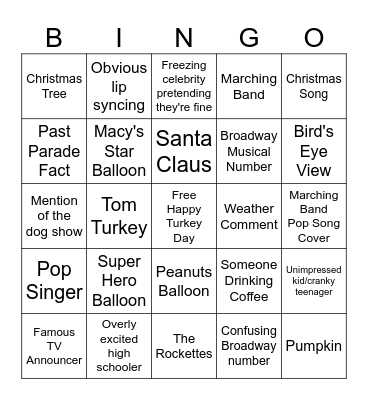 Macy's Thanksgiving Day Parade Bingo Card
