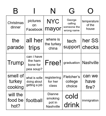 Things Grandma will say on Thanksgiving Bingo Card