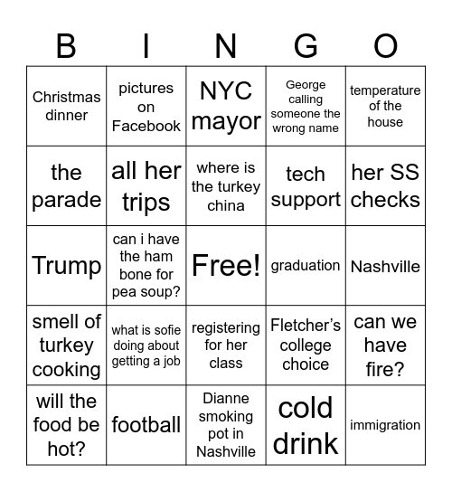 Things Grandma will say on Thanksgiving Bingo Card