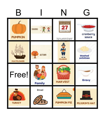 Thanksgiving Day 1stGrade Bingo Card