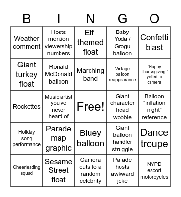Thanksgiving Parade Bingo Card