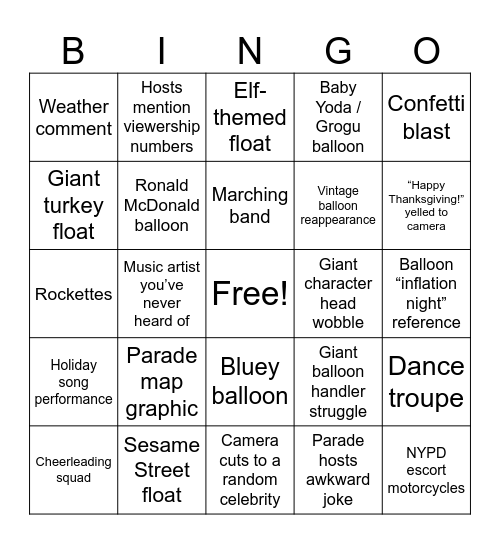 Thanksgiving Parade Bingo Card