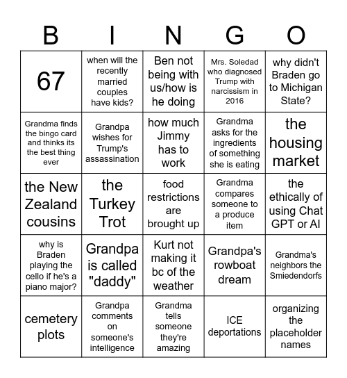 Thanksgiving (at Grandma's) 2025 Bingo Card