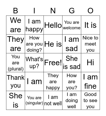 English Bingo Card