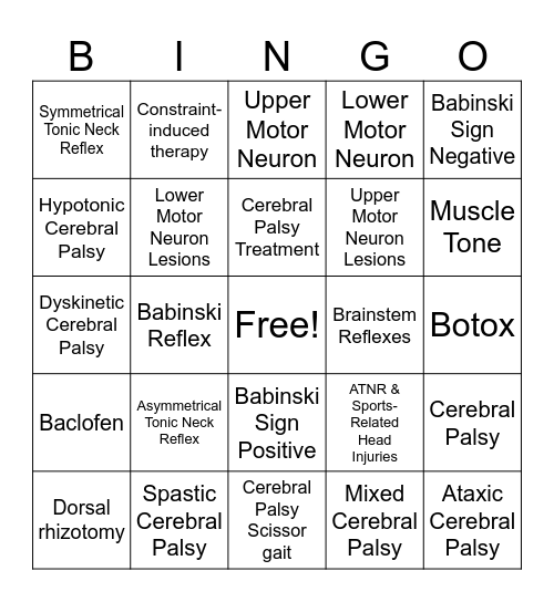 Brainstem Reflexes and Cerebral Palsy Bingo Card