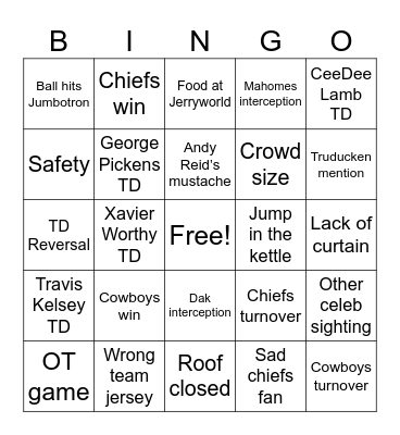Cowboys Turkey Day Bingo Card