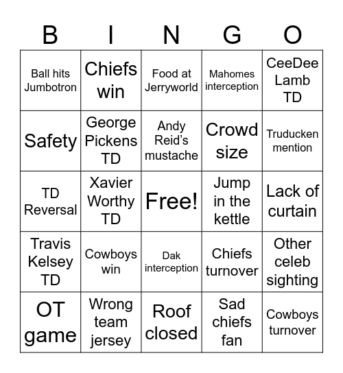 Cowboys Turkey Day Bingo Card