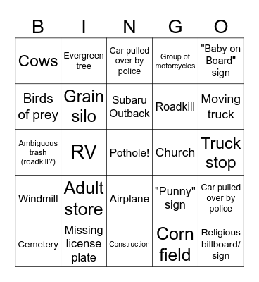 Road Trip Bingo Card