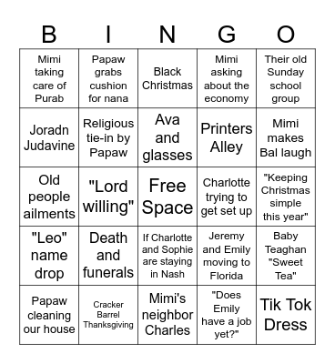 Grandparent's Thanksgiving Bingo Card
