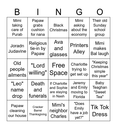 Grandparent's Thanksgiving Bingo Card