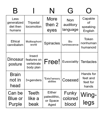 Spec bio alien sophont bingo!!!!! Bingo Card