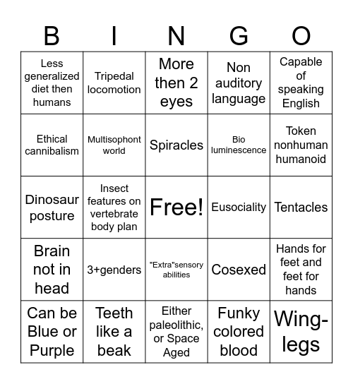 Spec bio alien sophont bingo!!!!! Bingo Card