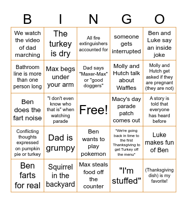 Durham/Hutchison Thanksgiving 2025 Bingo Card