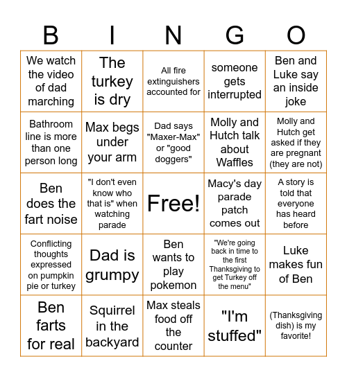 Durham/Hutchison Thanksgiving 2025 Bingo Card