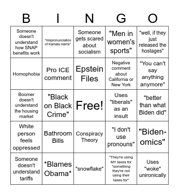 Conservative Family Holiday Bingo Card