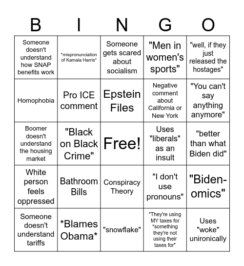 Conservative Family Holiday Bingo Card