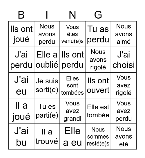 Passé composé Bingo Card