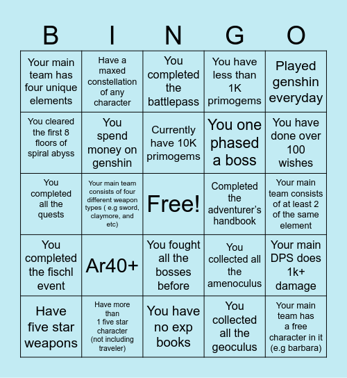 Genshin Impact Bingo Card