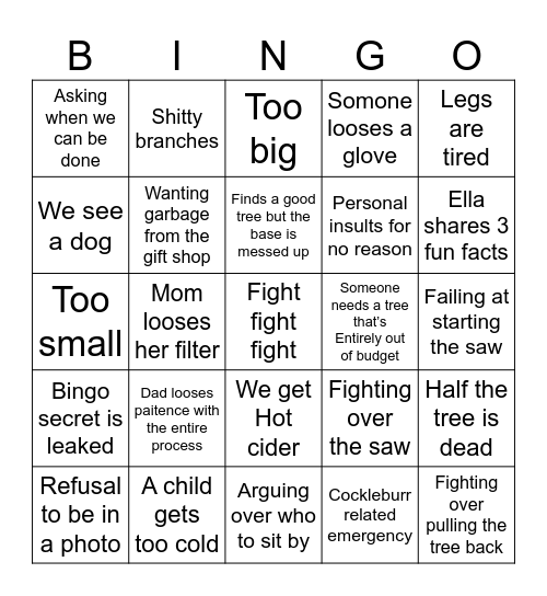 Christmas tree shopping Bingo Card