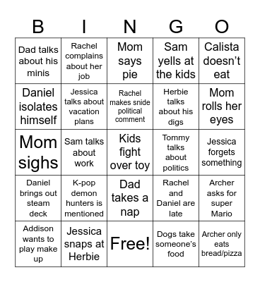 Thanksgiving Dinner Bingo Card