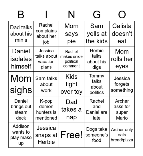 Thanksgiving Dinner Bingo Card