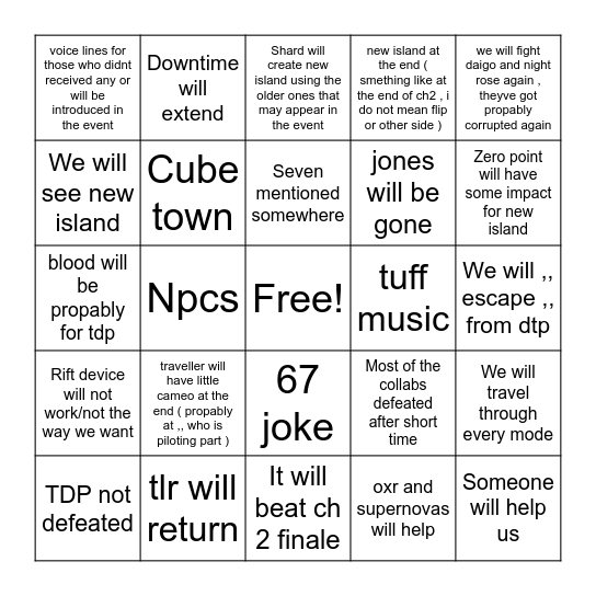ZERO HOUR BINGO Card
