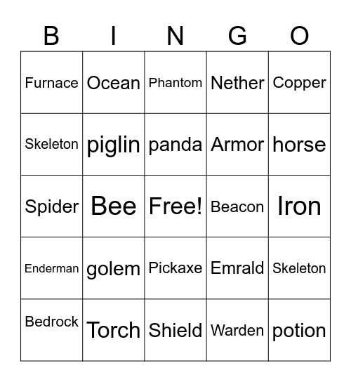 Minecraft Bingo Card
