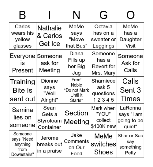 Section 5 Bingo -12/09/2016 Bingo Card