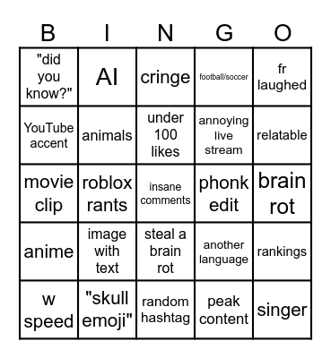 yt short bingo Card