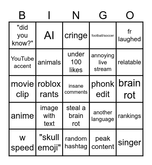 yt short bingo Card