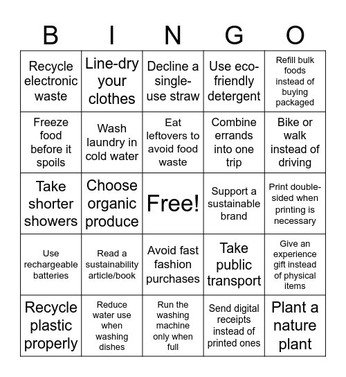Sustainability Bingo Card