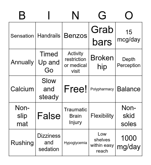 Falls Prevention Bingo Card