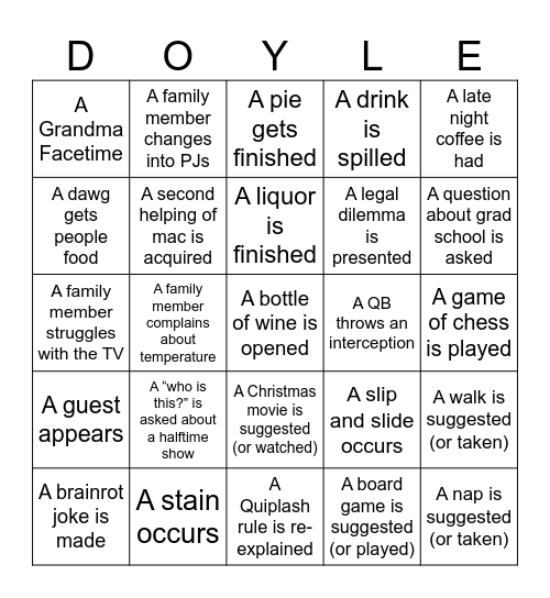 Doyle Thanksgiving 2025 Bingo Card