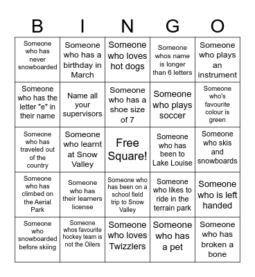 Snow School Get to Know Bingo Card