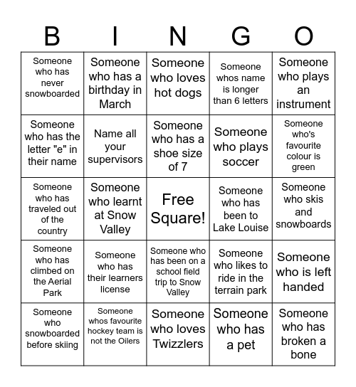 Snow School Get to Know Bingo Card