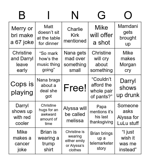 Thanksgiving Bingo Card