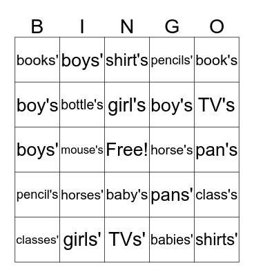 Possessive Nouns Bingo Card