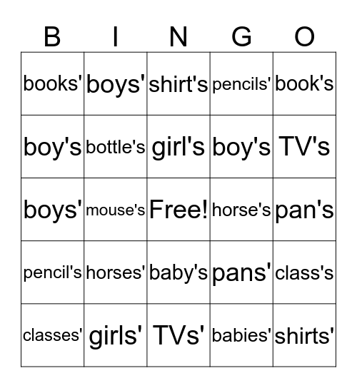 Possessive Nouns Bingo Card