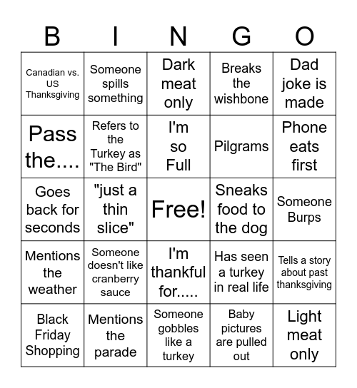 Thanksgiving Bingo Card