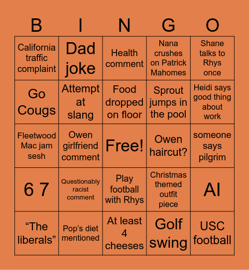 2025 Family Thanksgiving Bingo Card