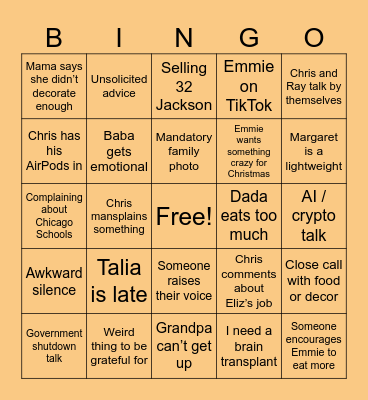 Thanksgiving 2025 Bingo Card