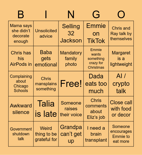 Thanksgiving 2025 Bingo Card