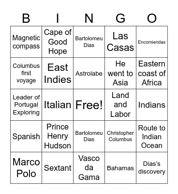Age of Exploration Bingo Card