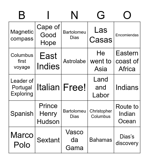 Age of Exploration Bingo Card