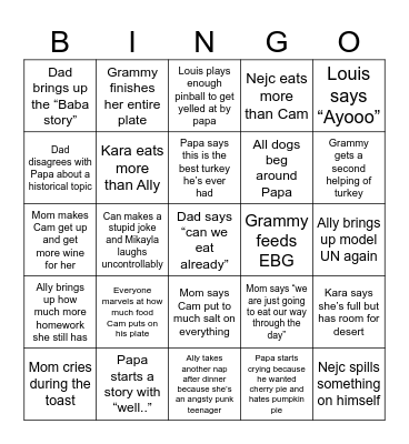 Thanksgiving Family Bingo Card