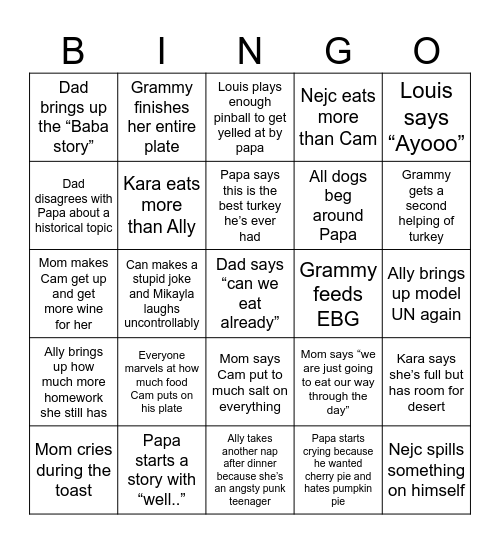 Thanksgiving Family Bingo Card