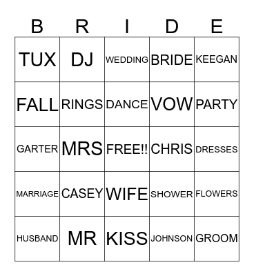 BRIDAL SHOWER Bingo Card