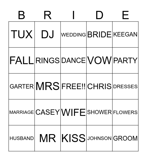 BRIDAL SHOWER Bingo Card