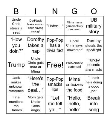 A Freiwald Thanksgiving Bingo Card