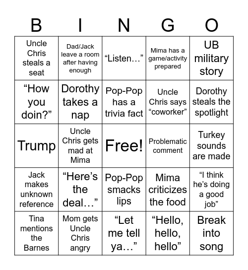 A Freiwald Thanksgiving Bingo Card